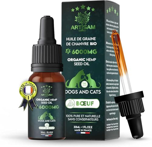 ARTISAM – Huile de Graines de Chanvre Sativa 30 ML 6000MG – Goût Poulet - Boeuf- Saumon- Nature – pour Chiens et Chats – Source Naturelle d’Oméga 3 & 6 – Fabriquée en France (Boeuf)
