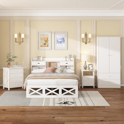 I0I&I0I Komplettschlafzimmer Set, Modernes Design Holzbett+Nachttisch+Kommode+Kleiderschrank, 140x200 cm Doppelbett mit Aufbewahrungsfunktion, 2-Türiger Kleiderschrank mit 2 Schubladen, Holz (Weiß)