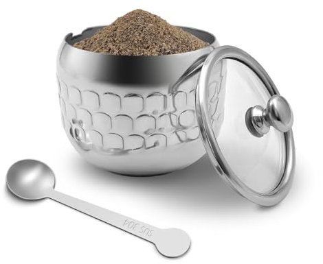 300ml Zuckerdose 304 Edelstahl Gewürzdose Haus Gewürzdose Metall Dose Küche Zuckerbehälter mit Deckel und Löffel für Gewürze, Zucker, Kaffee, Tee, Pfeffer (Stil-3)