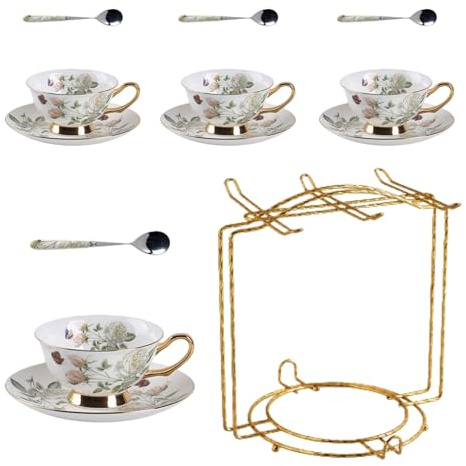 HSTWODE-8 Stück Europäischen Blumen Tee Set,Bone China Tee Set Service Kaffee Set, 9 Optionen.Mit Geschenkbox, für hochwertige Geschenke und Haushalt, Hochzeit. (Weiße Rose Muster)