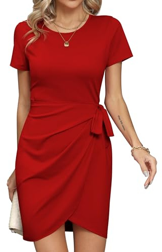 Missufe dam omlottklänning sommarklänning miniklänning fritidsklänning T-tröja tajt bodycon kortärmad rynkad klänning, röd, L