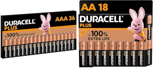 Duracell Batterie Plus AAA(pacco da 36) - Alcalina 1.5V - Fino al 100% di extra durata & Batterie Plus AA (pacco da 18) - Alcalina 1.5V - Fino al 100% di extra durata