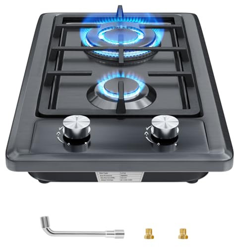 Gas Hob,Built-in Stainless Steel Gas Hob 2 burners with Flame Failure Protection,Cast iron grille,Power cable110cm/43in,Cast Iron Pan Support,LPG/NG Kit,51cm x 31cm