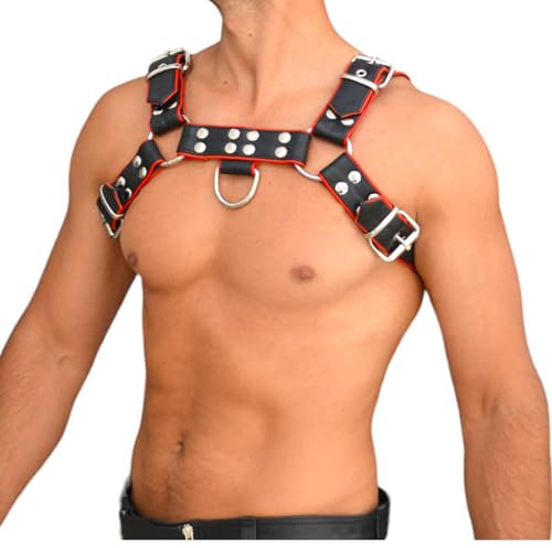 awanstar 6754 Herren Lederharness aus echtem leder mit Roter paspel Brust Harness Punk Männer Brust Geschirr Punk Gothic Fetisch Bandage Kostüme Brustgeschirr Gay (Schwarz mit Roter Paspel, 3XL)