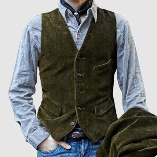 Chemises pour hommes adultes, gilet rétro en velours côtelé pour hommes, manteau sans manches de style britannique boutonné pour homme, blazer doux (2XL vert)