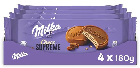 MILKA - Choco Suprême - Lot de 4 Boîtes de Choco Suprême - Gaufrettes Croustillantes Enrobées de Chocolat au Lait Milka et Fourrage Goût Cacao - Idéal pour le Goûter des Enfants - Lot de 4x180g