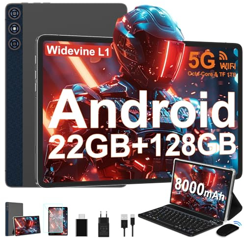 DMOAO Tablet 10 Zoll mit 22GB RAM+128GB ROM TF 1TB, 8-Core 2.0 GHz, Widevine L1, 8000mAh, 5G WLAN, 2 in 1 Android 14 Tablet mit Tastatur und Maus, BT 5.0/GPS/Face ID, Metall Grau
