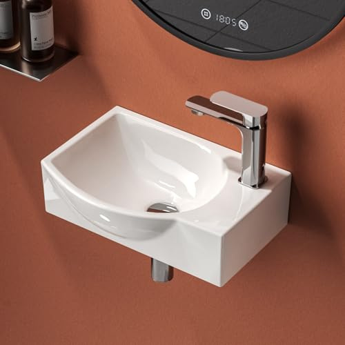 EMKE Lavamano Sospeso 40,5 x 28 cm, Bianco Lucido,Rubinetto a Destra | Lavandino Rettangolare per Bagno Piccolo e WC Ospiti, Mini Lavabo a Parete - Senza Rubinetto e Piletta