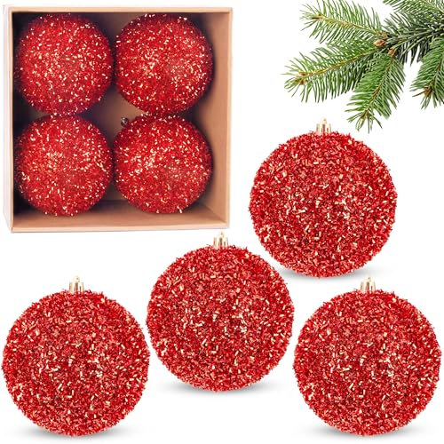BRUBAKER Glitzer Weihnachtskugeln - 4er Set große Glitter Baumkugeln - 10 cm Christbaumkugeln Bruchsicher aus Kunststoff - Christbaumschmuck für Weihnachtsdeko - Weihnachtsbaumkugeln - Rot