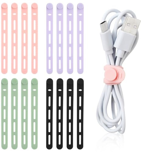 TamBee Cable Ties Reusable Silicone Cable Straps 16pcs Black Cable Wire Ties Cable Cord Organizers for Earphone Phone Charger Cable Computer (Mix-Color-4 Holes, 16Pcs)