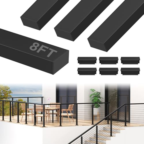 BLIKA 4Pack 8FT Stainless Steel Cable Railing Handrail, Black Rectangular Handrail Flat Top Rail with End Caps for Deck Stair Cable Railing System, Deck Hand Rails for Indoor/Outdoor, BL01-T