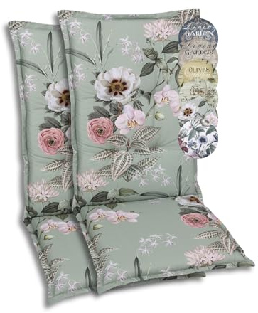 GO-DE Textil Bequeme und attraktive Polsterauflagen für Mittellehner-Gartenstühle (2er-Set, Orchidee Salbei, Mittellehner)