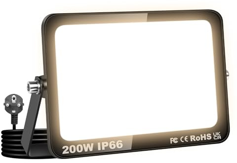RIGIDON 200W Projecteur Exterieur, 20000LM Spot Led Extérieur avec Prise | 3000K Blanc Chaud, IP66 Imperméable Éclairage de Sécurité, Projecteur Led pour Jardin Patio Cour Garage Entrée Allée