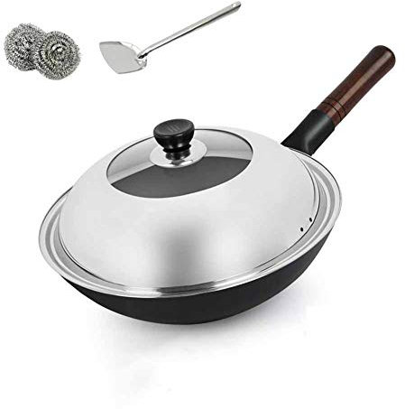 GAOAZHEN Padella da Cucina in Ferro forgiata a Mano, Padella Antiaderente Non Rivestita per Uso Domestico, Wok antiruggine Multifunzionale per Cucina Sana, E, 36 cm