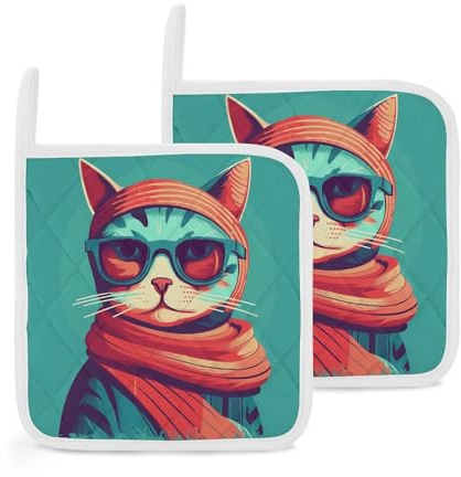 Lot de 2 maniques épaisses pour chat portant des lunettes de soleil - Résistantes à la chaleur - Avec boucles de suspension - Antidérapantes - Facile d'entretien - Petits coussinets chauds pour