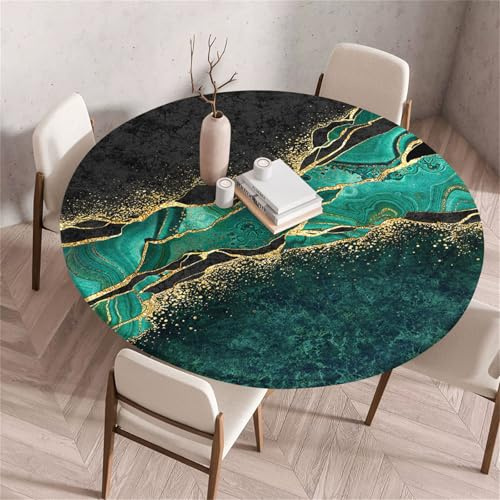 Treer Rund Tischdecke Abwaschbar, Moderner Marmor Druck Lotuseffekt Tischdecken, Outdoor Tischdecke, Elastisch Rund Gartentischdecke, Table Cloth für Garten, Esstisch, Parteien (Grün,90cm)