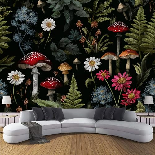 CDXNORA Carta Da Parati Piante Ad Acquerello 300×210cm Nero Fotomurale in seta Per Casa Ufficio Camera Da Letto Gabinetto Soggiorno Fotomurali Decorazione da Muro,Felce Fungo Di Bosco