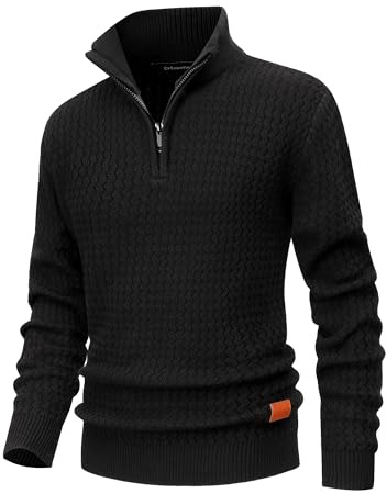 CoXuantion Jersey de Punto para Hombre Invierno Cuello Alto Color Sólido Suéter Punto Grueso Caliente Suéter Manga Larga Regular Fit con 1/4 Cremallera JerséIs L,Negro