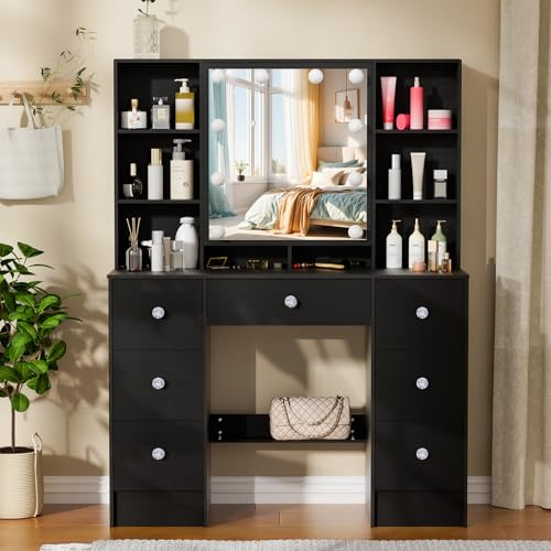 Guanglai Hollywood Dressing Table with Mirror and Lights, Makeup Vanity with 7 Storage Drawers, Vanity Desk with Multiple Shelves for Makeup Room and Bedroom, Black