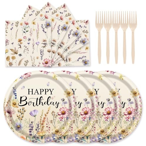 72Pcs Fall Wildflower Plates and Napkins, Floral Birthday Party Supplies Autumn Wildflower Paper Plates and Napkins Forks Tableware Decorations for Fall Picnic Tea Party Baby Shower Birthday, Serve 24