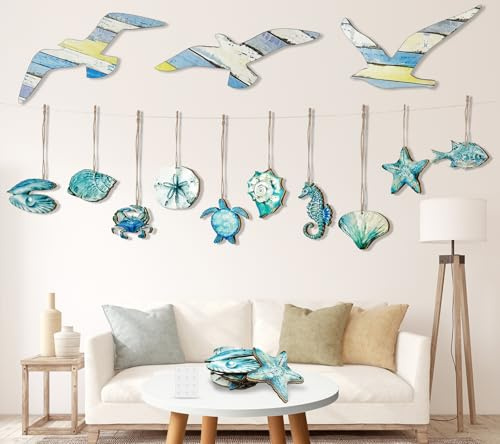 cersaty 23 Stück Möwen Wanddeko Maritime Deko set, Holz Wanddeko Möwen Blau Küstenmotiv für Wohnzimmer, Schlafzimmer, Badezimmer, Flur, Ferienhaus usw