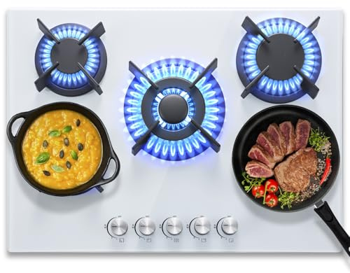 SNDOAS Plaque de Cuisson gaz 5 Feux, Plaque Gaz 5 Feux, 70cm avec Sécurité Thermocouple, Convient Pour le Gaz Naturel/Propane, Verre Blanc, 10400 W, 220-240 V