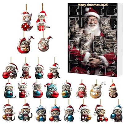 Calendrier De L Avent Pour Noel 2025 - Calendrier De Compte A Rebours Noel 24 Jours Ornements Chats 2D En Acrylique | Pendentif de Noël Mignon pour Femme Sœur Amie Enfant Fille