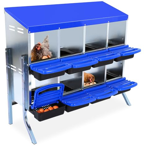 Hühner-Nistkasten, 2-stöckige Eier-Legebox aus Metall mit wasserabweisendem Schrägdach, herausnehmbares Tablett, geräumiges Design für Hühner, Enten, 10 Fächer