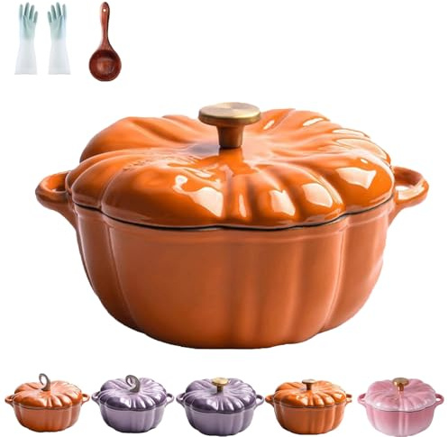 Enameled Cast Iron Dutch Oven, Pumpkin dutch oven, Pumpkin Dutch Oven with Lid Covered Stockpot, Double Handle, 4-Quart Non-Stick, Safe for All Stovetops, Thanksgiving Decor (Orange A,7.9in)