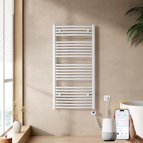 EMKE WiFi Handtuchheizkörper Elektrisch 1200x600 mm - Gebogen Badheizkörper Elektrisch, Elektrischer Handtuchwärmer Handtuchtrockner Handtuch Heizkörper Bad mit Thermostat und Heizstab - 600W, Weiß