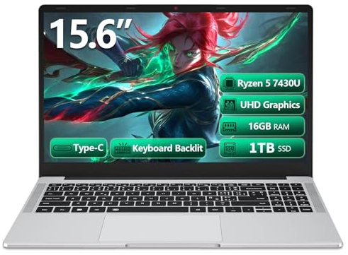 DIAKUOE 15.6 Pulgadas Ordenador Portátil Ryzen 5 7430U CPU, PC Portatil 16GB DDR4 RAM 1TB SSD, Gráficos Radeon, Laptop Teclado Retroiluminado, Win 11 Ordenador Portatil Type-C,HDMI,USB 3.0, BT5.1
