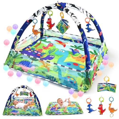 Spielbogen Baby Interaktiv-5 in1 Krabbeldecke Spielmatte mit 5 Sensori,Baby Gym Activity Matte,Laufstall Ersatz,Spieldecke für Bauchlag,Tierische Natur Design für Neugeborene ab Geburt bis 18 Monate