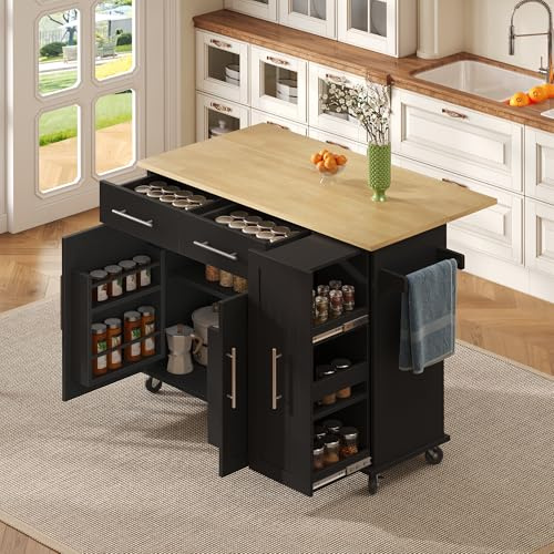 CelticHearth Isla de cocina con hoja de gota, organizador extensible de 3 niveles, carrito con ruedas, 2 cajones, toallero, MDF, negro y natural, 120 x 40 x 90 cm