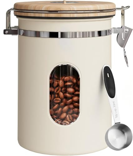 COMIWIN 1800ml Coffee Canister with Window 22oz, Date Tracker & Scoop, Ground Beans, Airtight Stainless Steel Kitchen Food Storage Container, Tea, Cereal, Sugar, Bar Accessories Gifts Jar, Cream