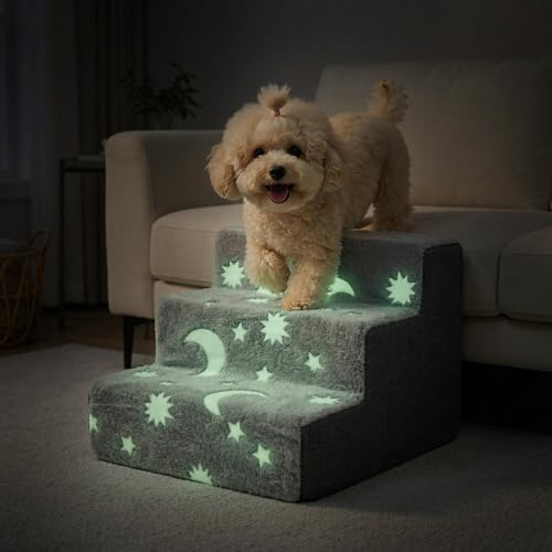 Pet Prime Glow in The Dark Dog Steps for Bed, Luminous 3-Step Cat Stairs for Sofa High Density Foam Pet Steps for Animals Non-Slip Puppy Ladder with Washable Cover (Luminous 3-Step Dog Stairs)