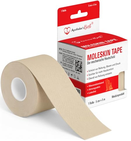 Apotheker’s Best® Moleskin Tape Blasenpflaster & Druckschutz Ferse Zehen 5m | 5cm x5m Pflaster gegen Reibung, groß zuschneidbar, extra starker Halt, für Kinder & Erwachsene, Medizinprodukt Rolle