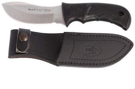 Muela Cuchillo SIOUX-10G hoja de acero ACX-380 de 10 cm y empuñadura de goma negra para Caza, Pesca, Supervivencia y Bushcraft Realizado en Ciudad Real + Portabotellas de regalo