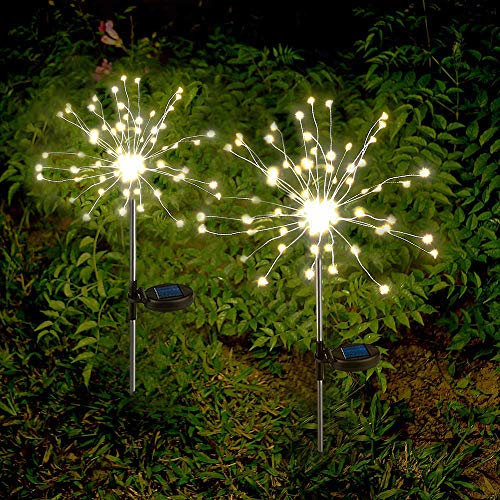 2 x Luces Solares Exterior Decorativas Fuegos Artificiales LED Luz Blanca Cálida de Cadena Solar con Centelleo y Encendido 2 Modos de Iluminación Impermeable para Jardín, Flores, Fiesta
