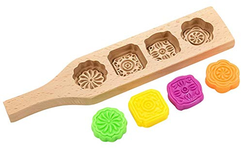 Wooden Mooncake Mold DIY 4 Flower Shapes Handmade Pastry Mold Festival Mould Press Molds Biscuit Cookie Cake Molds Pumpkin Pie Green Bean Mould for Home Kitchen Cake Shop Dessert Shop