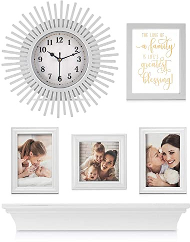 LIVIVO 6 Pack Multi Picture Frames Collage Wooden Photo Frame Wall Art Gallery Kit With Sunburst Clock Family Plaque & Shelf Rack for Home Office Décor Decoration