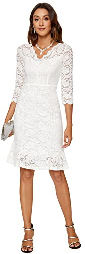 Atnlewhi Womens 3/4 Sleeve Slim Fit Lace Cocktail Dresses Party Wedding Guest V Neck Formal Evening Bodycon Dress White