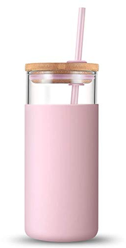 LINONI 500ml Summer Milk Juice Drinking Jar Transparent Straw Glass Cup Leakproof Water Bottle with Wooden Lid and Silicone Cover for Women Girls