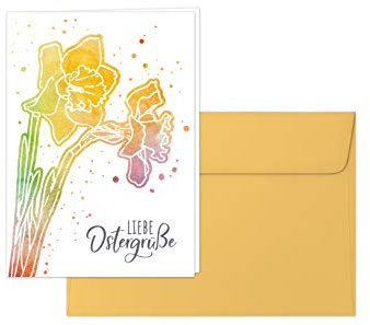 Osterkarten, Grußkartenset „Liebe Ostergrüße“ – 10 Klappkarten im Aquarell-Stil mit sonnengelben Umschlägen, Design: Bunte Narzissen
