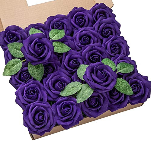 DuHouse 25Pcs Artificial Roses Flowers Fake Rose with Stems Real Touch Foam Flower Head for DIY Wedding Bridal Bouquet Baby Shower Centerpiece Floral Arrangement Party Home Decor(Purple-A)