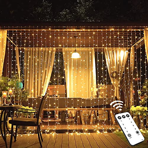 JMEXSUSS 600 LED Curtain Lights Outdoor, 9.5ft x 19.6ft Window Hanging Lights with Remote, Plug in, 8 Modes, Indoor String Lights for Bedroom, Wall, Xmas, Party, Backdrop, Wedding Decor, Warm White