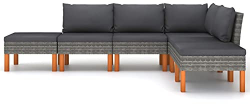 Gecheer 6-TLG. Gartenmöbel, Garten-Lounge-Set mit Kissen, Gartensofagarnitur, Terrassensofa, Rattansofa, Sitzgruppe, Gartensofa Ecksofa Mittelsofa Poly Rattan Grau Kissen Farbe: Anthrazit