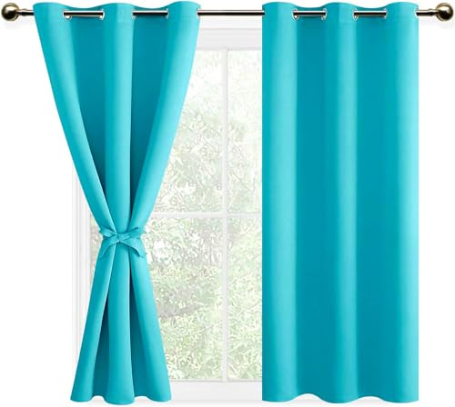 DWCN Vorhang Blickdicht Verdunkelungsgardinen mit Ösen 2 Stücke Thermogardine für Wohnzimmer,Schlafzimmer,Türkis,137x117cm(HxB)