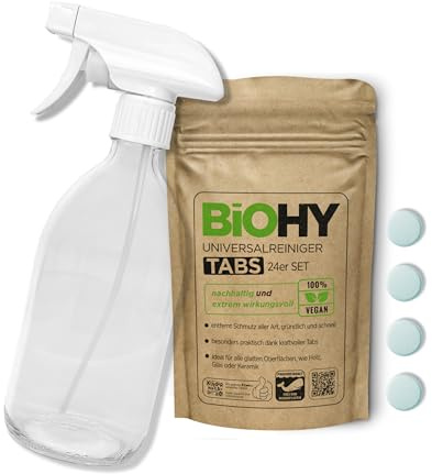 BiOHY universalrengörare, rengöringsmedel flikar (set om 24 st) + glassprayflaska | hållbara universaltabletter för upplösning | Hushållsrenare | mikroplastiska fria | Köks-, badrums- och