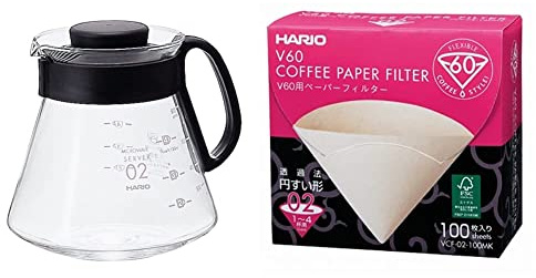 HARIO CD-V60-02 CD Cafetière Range Server V60-02 Microwave-600ml, Glass, 600 milliliters, Black & VCF-02-100MK 1-Piece Box of Paper Filter for 02 Dripper Misarashi, Natural, Without Tabs