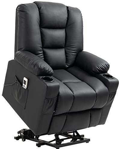 HOMCOM Fernsehsessel mit Aufstehhilfe Elektrisch Relaxsessel mit Massagefunktion, USB, Liegefunktion, Massagesessel mit Fernbedienung, Becherhalter, Seitentasche, zweiteiligen Fußstütze Schwarz